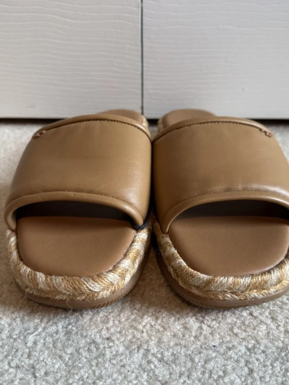 Tory Burch T Logo Espadrille Slide Sandals Size 9.5 Tan Tiramisu Leather Strap